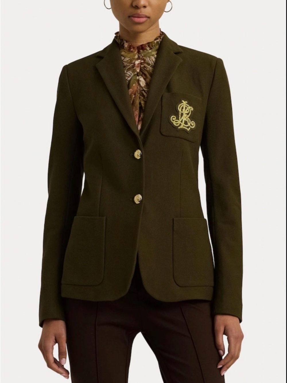 Ralph Lauren Womens Olive Green Tailored Blazer with Embroidered Crest